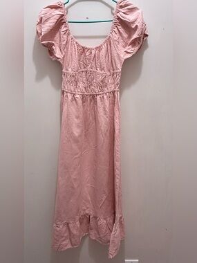 Women's Pink Puff-Sleeve Midi Dress